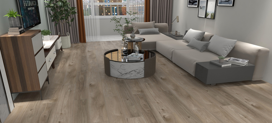 Water-resistant laminate flooring in an open living space