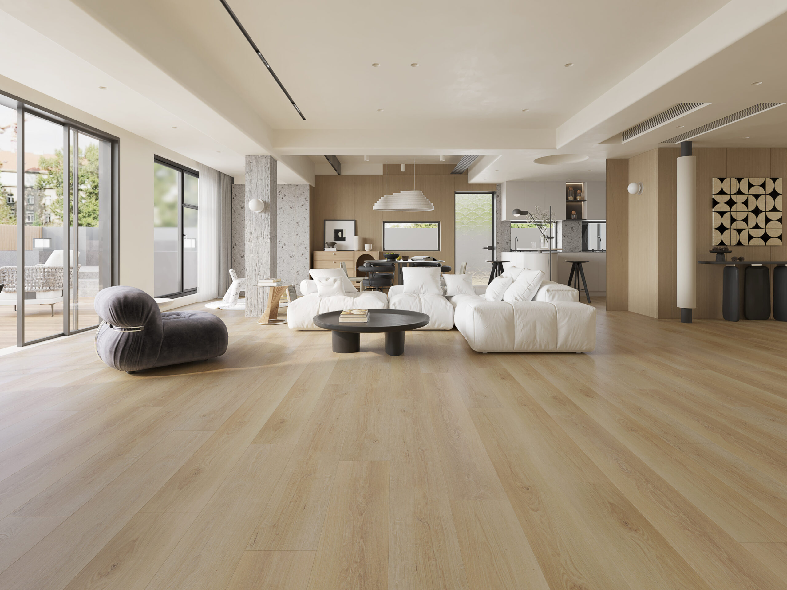 Open-plan living space with light hardwood-look flooring