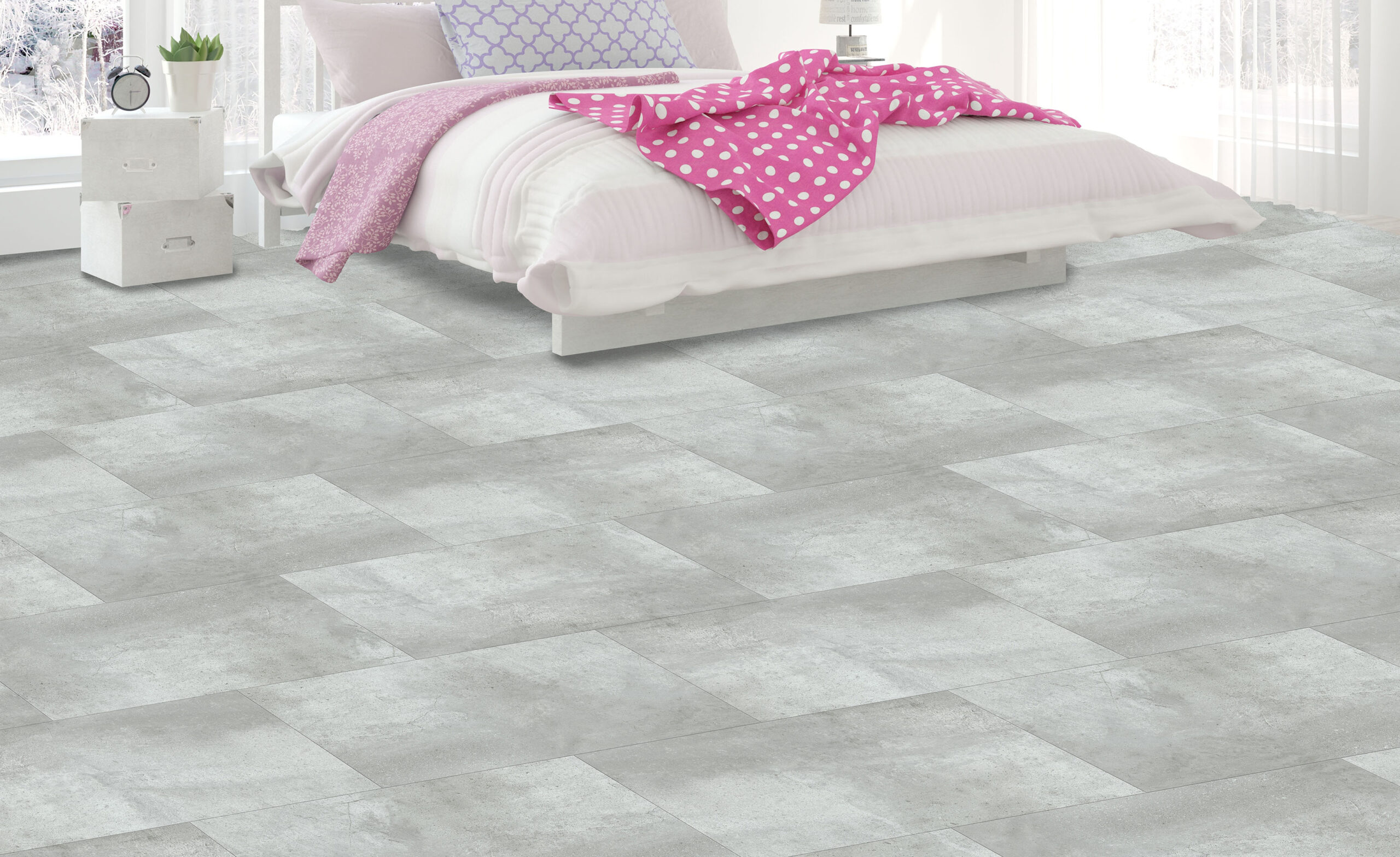 Concrete-look flooring over a below-grade slab